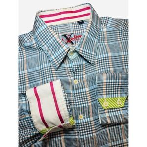 Robert Graham Mens XL Plaid Button Up Shirt Blue Brown White Long Sleeve Cuffs